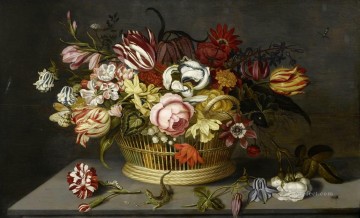 アンブロシウス・ボスチャート Painting - カーネーションの入ったバスケットの花 バラ テーブルの上のトカゲ アンブロシウス・ボスチャート